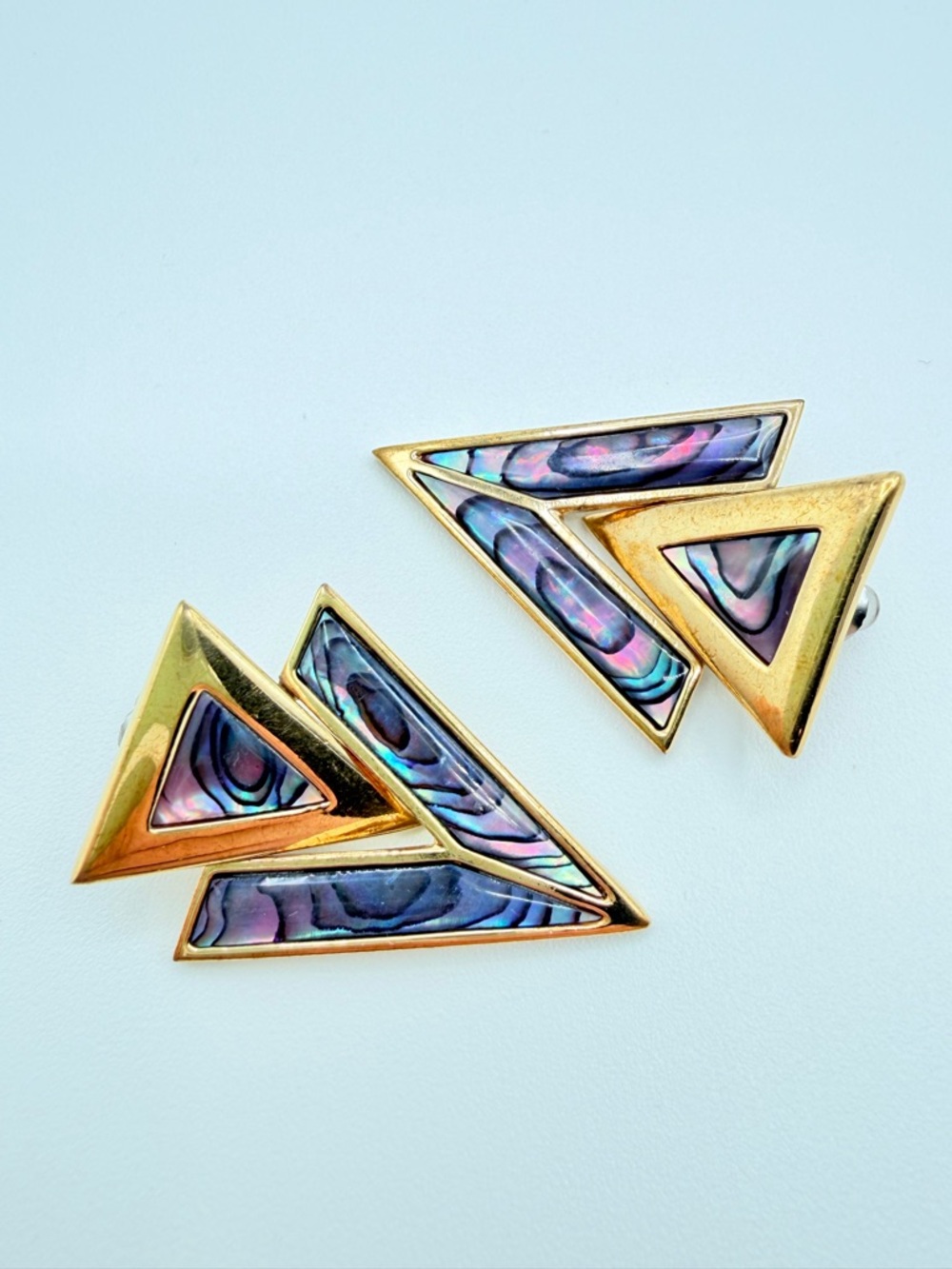 Vintage Butler Abalone Shell Triangle Earrings Gold Tone Geometric Statement 80s